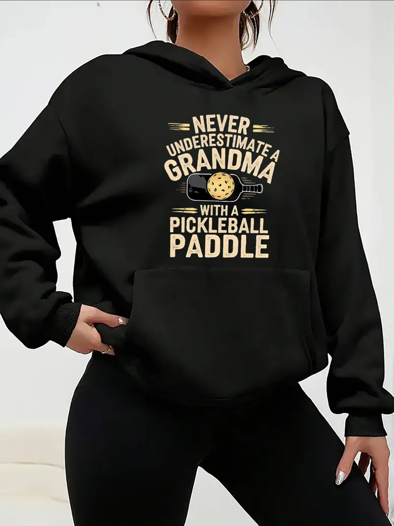 black hoodie for featuring a humorous pickleball grandma